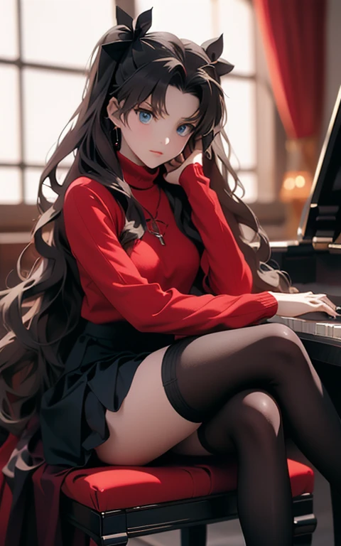 rin tohsaka 1gir rin tohsaka solo long hair brown hair black thigh-high socks blue eyes pleated skirt two side up redhead ribbon...