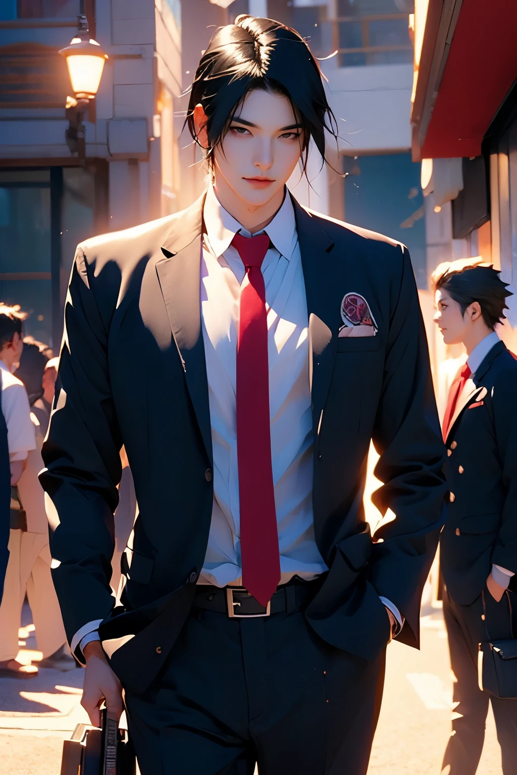 man with black hair, black eyes, wearing a casual suit, mafia man, penetrating gaze, subtle smile, in an attack pose, with gun in hand, shooting to the side, shooter, Sasuke style, dark and mysterious atmosphere, dimly lit environment , intense facial expression, confident posture, shadows and reflections, dramatic lighting effects, bold and sophisticated style, high-resolution masterpiece: 1.2, ultra-detailed character representation, realistic rendering: 1.37, vivid colors, cinematic composition, sharp focus, professional quality,
