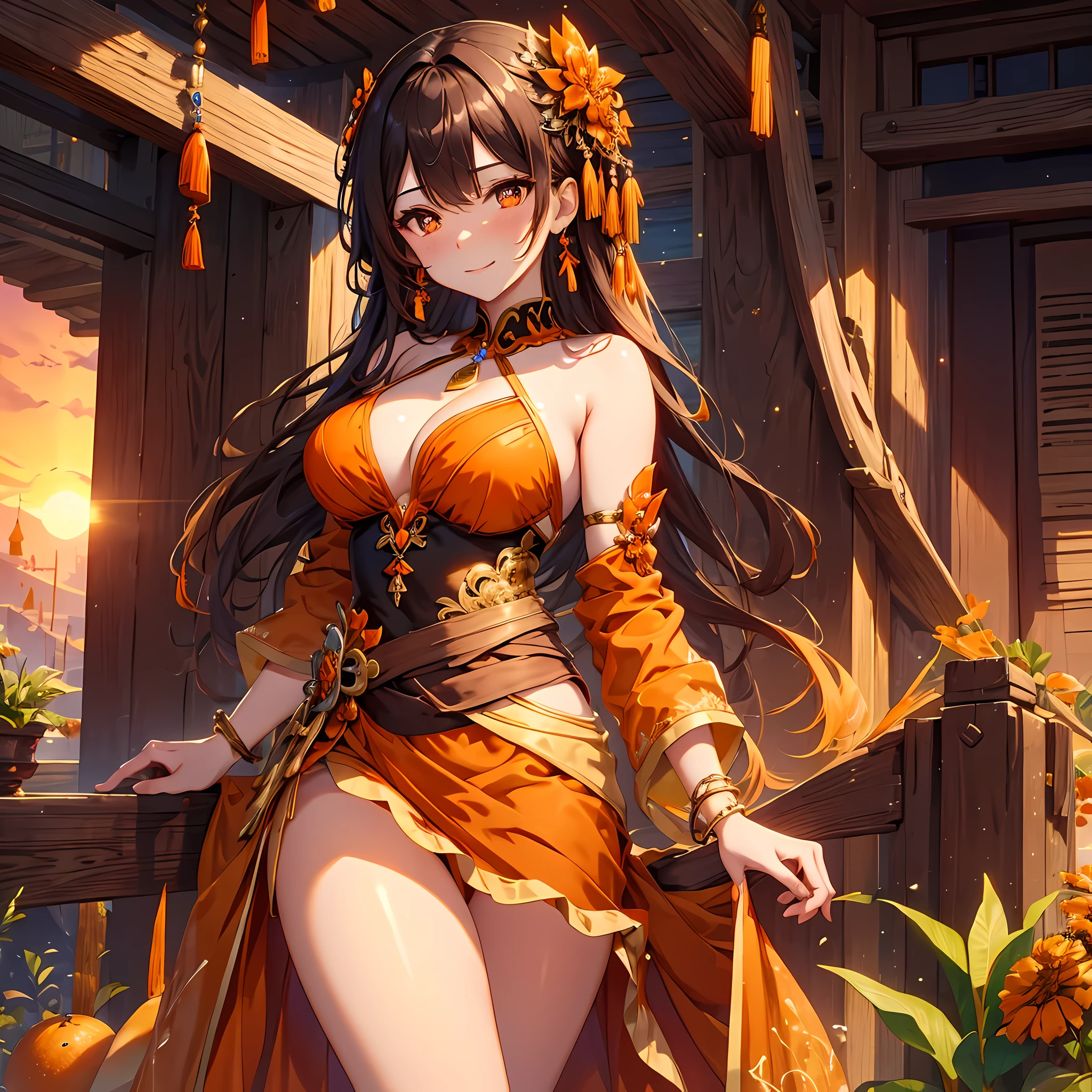 (masterpiece), best quality, expressive eyes, perfect face,((1girl)),zhongli \(genshin impact\),((dark brown hair)),(glowing orange pupils),(huge breasts:1.2),cleavage,(magical girl:1.2),(brown:1,4 and orange:1.2 elegant dress:1.5),(embroidery:1.5),garterbelt,(brown and gold thighhighs),floating crystals,crystal pendant,circlet,tassel earrings,armlets,bracelets,bashful smile,standing,sexy pose,fantasy scenary,liyue,(sunset:1.1),(clear sky 1:1),gems,(sparkle:0.9),(glitter:0.9),dymanic angle,head tilt