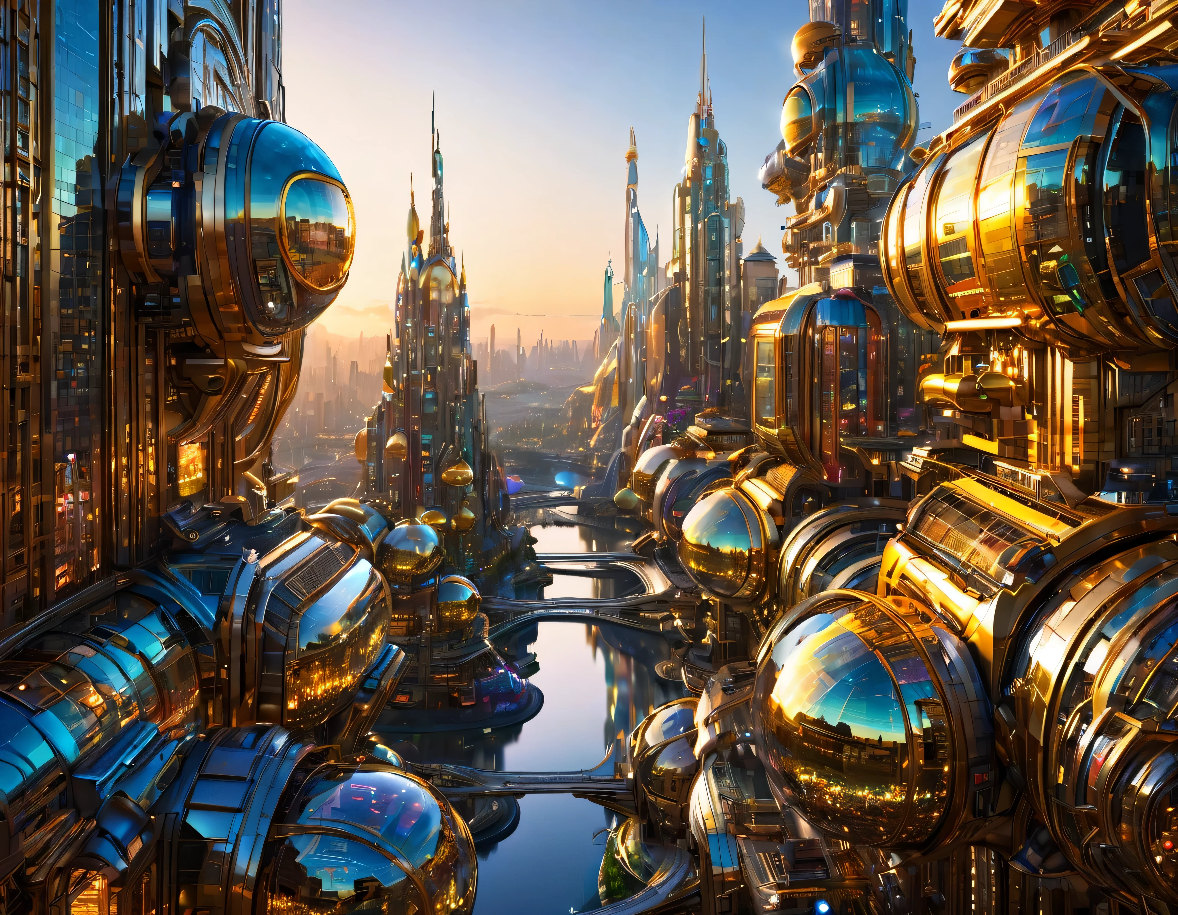 (golden hour lighting), megacity, megalopolis of an imaginary world of science fiction , parecido a una disneylandia futurista, and maximum fantasy, con inmensos edificios y rascacielos ovalados y dodecaedricos agrupados de metal y cristal donde predomina la plata y los anuncios luminosos de colores. imagen bien definida 8k, (intrincados detalles de la maquina), con muchos edificios juntos.(obra maestra de superior calidad).(imagen fotorrealista), nitidez absoluta hasta el fondo