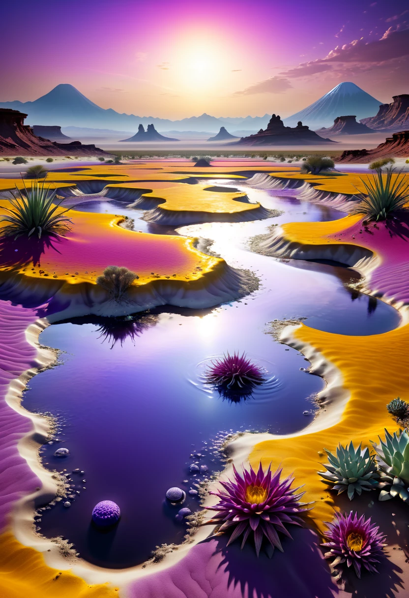 alien landscapes: 1.5, (Best quality, peace master: 1.3), (hyper-detailed, hyper-realistic color: 1.5), cosmic, exotic and surreal landscape.... 3 suns, violet sky color, the sulfur river desert landscape, flying plants of various colors, perfect composition, Best exposure (golden ratio: 1.2), HDR, dramatic and cinematic lighting, tendency towards surrealism, Trends in CG society, professional photography, immense detail, ((Perfect: 1.3, Meticulously Detailed: 1.5, Flawless, High Definition: 1.4, Cinematic: 1.4), ((Job Master)), (Hyper Detailed: 1.4), (Photorealistic: 1.4), Epic, Night : 1.4, 32k.