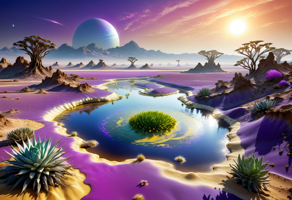 alien landscapes: 1.5, (Best quality, peace master: 1.3), (hyper-detailed, hyper-realistic color: 1.5), cosmic, exotic and surreal landscape.... 3 suns, violet sky color, the sulfur river desert landscape, flying plants of various colors, perfect composition, Best exposure (golden ratio: 1.2), HDR, dramatic and cinematic lighting, tendency towards surrealism, Trends in CG society, professional photography, immense detail, ((Perfect: 1.3, Meticulously Detailed: 1.5, Flawless, High Definition: 1.4, Cinematic: 1.4), ((Job Master)), (Hyper Detailed: 1.4), (Photorealistic: 1.4), Epic, Night : 1.4, 32k.
