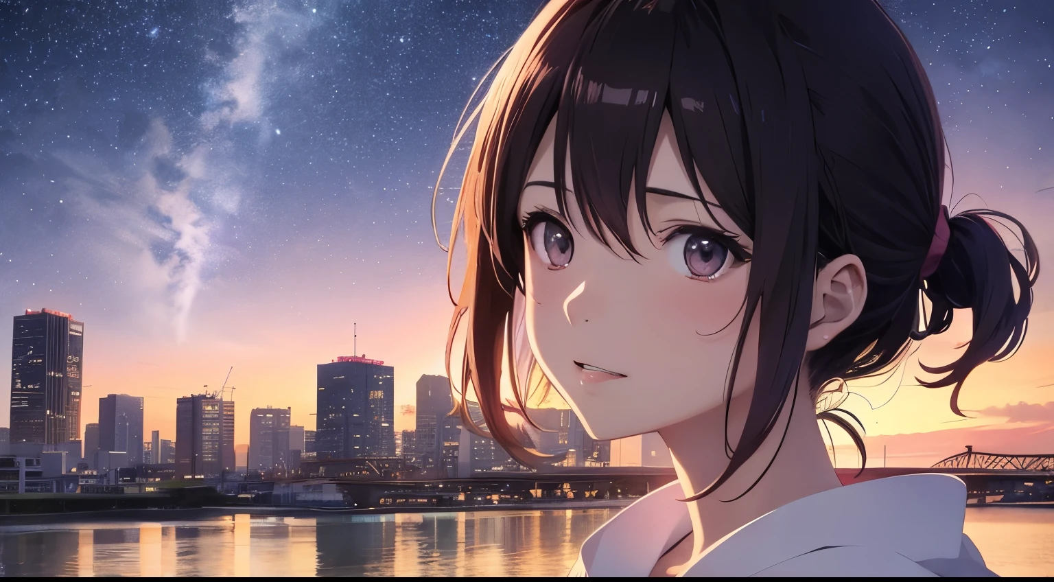 High resolution8K, NSFW, bright light lighting, anime style, film portrait photography, 1 girl, makoto shinkai, Japanese anime style, pastel starlight, Tokyo city lights, 1 girl, ridiculous solution, High resolution, sunset sky, Dramatic scenes, (masterpiece:1.4), super detailed, pink clouds, Anime characters in a scene with a sky background, your name movie style, Still images of TV anime, yourname,