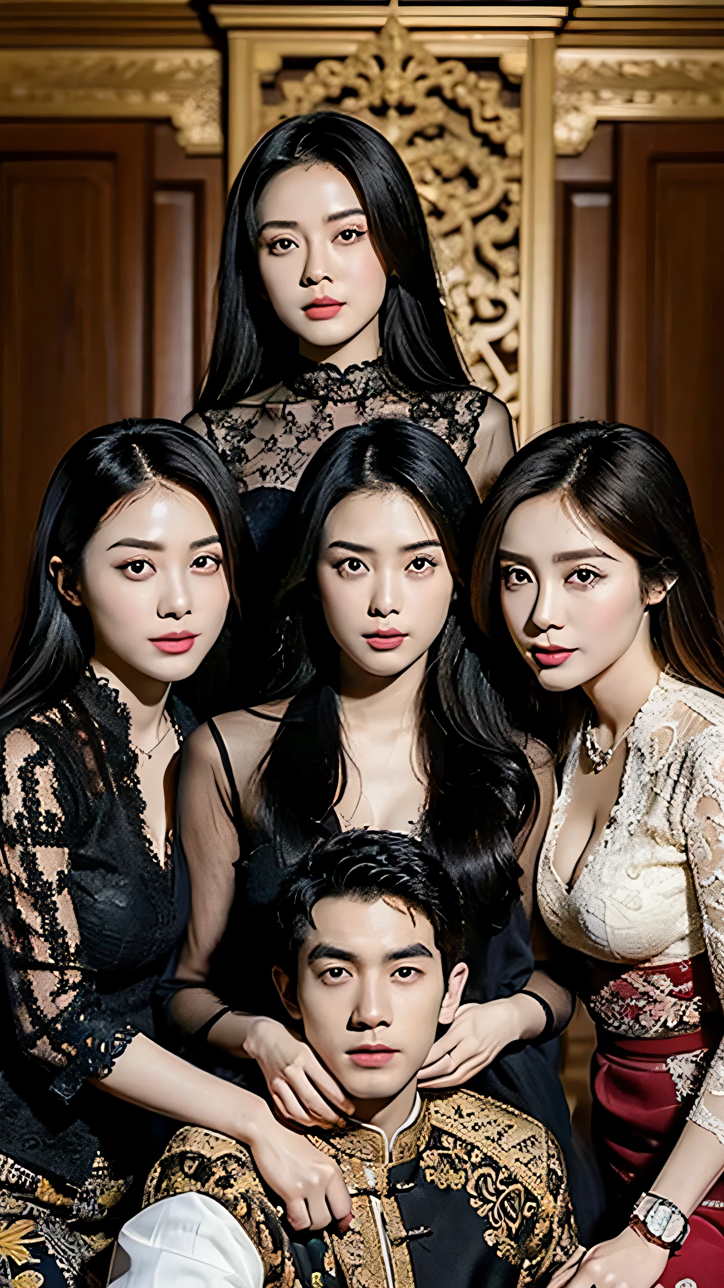 1 Family, Potrait of 3 wife Indonesian-chinese girl,1 Indonesian boy (24 years old(husband)), Harem (Polygamy), long fashion hair, fit body, small cleavage, skintight black lace kebaya, batik skirt, masterpiece, highly detailed, ultra hd, 8k, detailed face, detailed eyes, perfect eyes, detailed skin texture, detailed lips, sexy lips, perfect hands, dynamic angle, cowboy shot, rich family