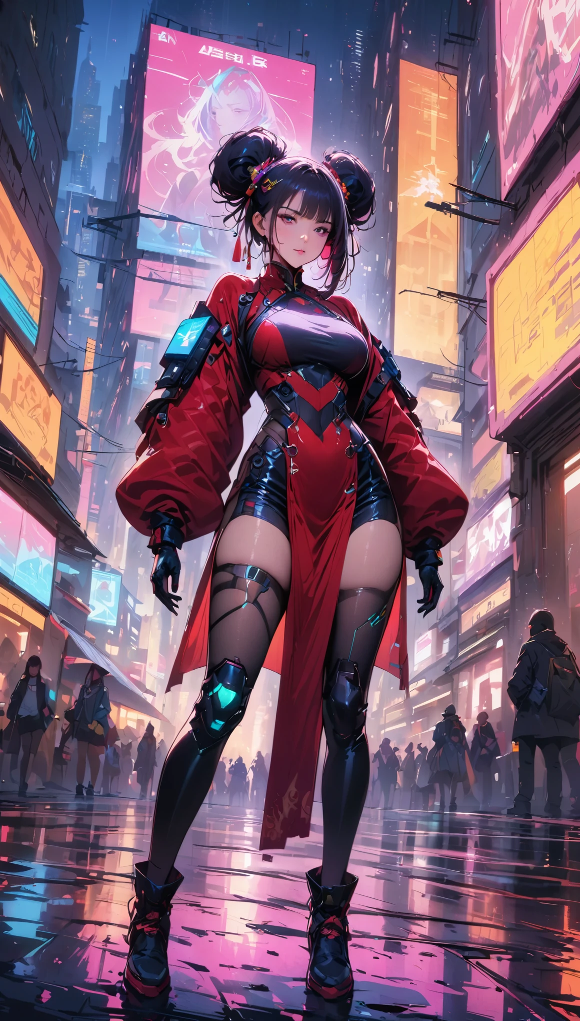 (melhor qualidade,4K,alta resolução,obra de arte:1.2),Ultra-detalhado,(realista:1.37), sexy，A girl Chinese costume Ciberpunk, （Ciberpunk，Roupas chinesas，Implantes Cibernéticos），olhando para a câmera,Acessórios de cabelo, cores brilhantes，luzes de neon，Skyline brilhante da cidade，Roupas e calçados da moda do futuro，Uma combinação de elementos tradicionais e modernos，maquiagem de vanguarda，lindos seios，cabelo interno colorido, Cabelo gradiente, coque duplo，insinuação sexual，Confiança e determinação，ambiente da cidade，Sensação metálica，Armadura Mecânica, acessórios lindos，produtos de alta tecnologia，Aprimoramentos cibernéticos impressionantes，foco claro，Detalhes incríveis;, Renderização com overclock, luz de borda cinematográfica, Luz fina, obra de arte, Super detalhes, trabalho épico, ultra-alta definição, alta qualidade, 32 mil