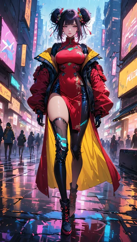 (best quality,4k,highres,masterpiece:1.2),ultra-detailed,(realistic:1.37), sexy，a girl chinese costume cyberpunk, （cyberpunk，chi...