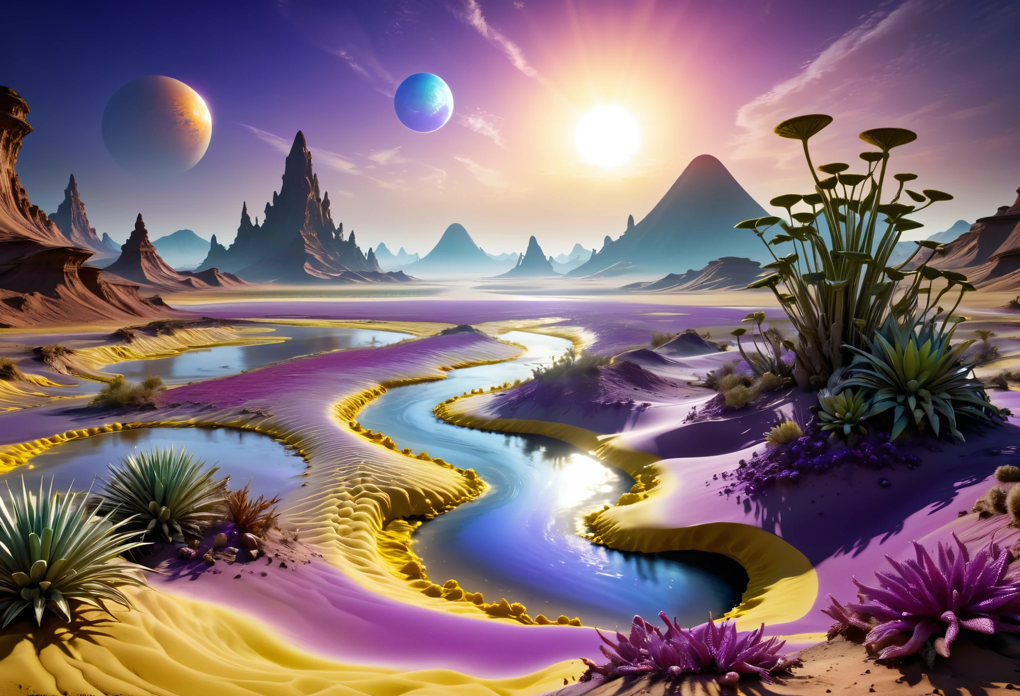 alien landscapes: 1.5, (Best quality, peace master: 1.3), (hyper-detailed, hyper-realistic color: 1.5), cosmic, exotic and surreal landscape.... 3 suns, violet sky color, the sulfur river desert landscape, flying plants of various colors, perfect composition, Best exposure (golden ratio: 1.2), HDR, dramatic and cinematic lighting, tendency towards surrealism, Trends in CG society, professional photography, immense detail, ((Perfect: 1.3, Meticulously Detailed: 1.5, Flawless, High Definition: 1.4, Cinematic: 1.4), ((Job Master)), (Hyper Detailed: 1.4), (Photorealistic: 1.4), Epic, Night : 1.4, 32k.