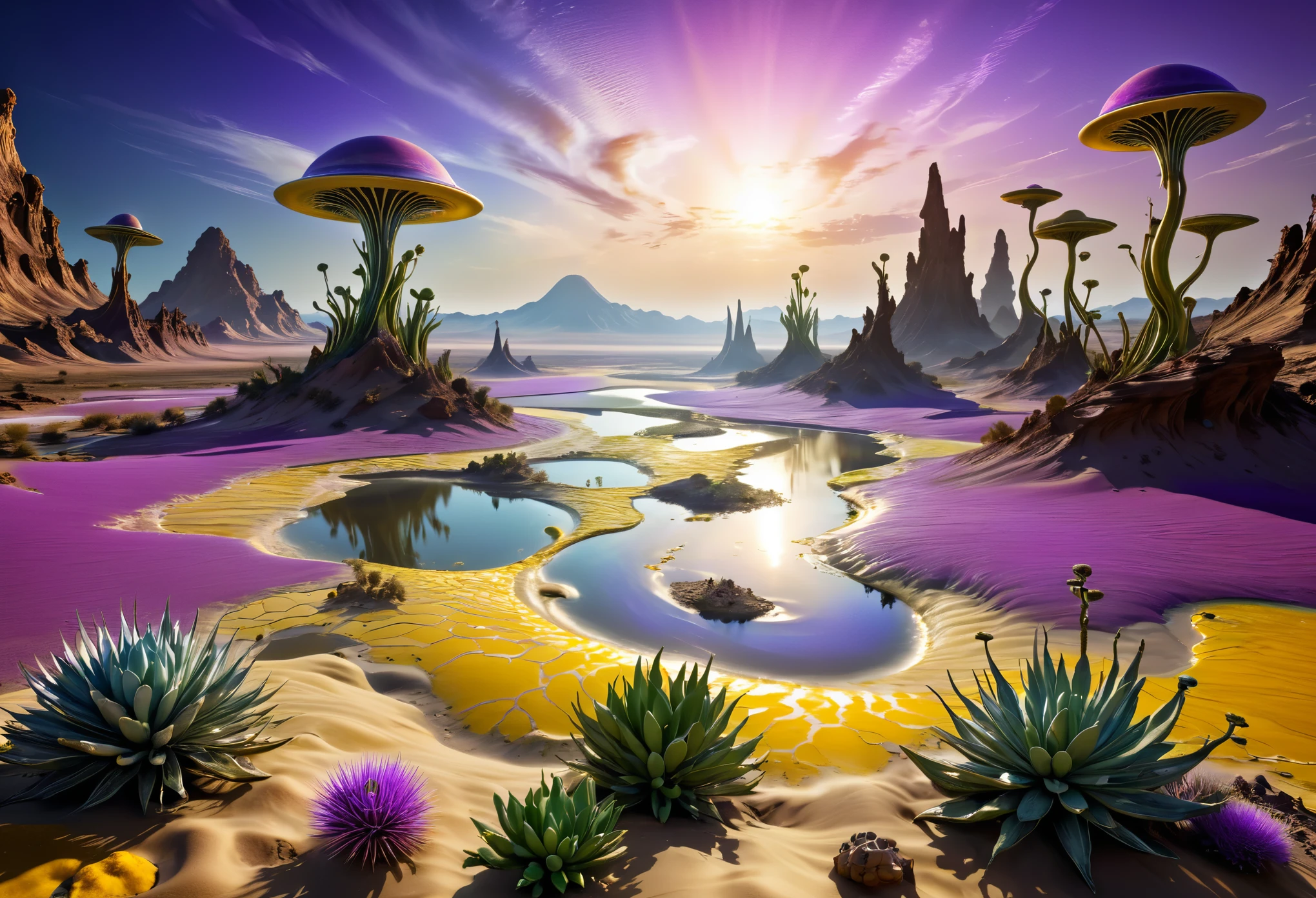 alien landscapes: 1.5, (Best quality, peace master: 1.3), (hyper-detailed, hyper-realistic color: 1.5), cosmic, exotic and surreal landscape.... 3 suns, violet sky color, the sulfur river desert landscape, flying plants of various colors, perfect composition, Best exposure (golden ratio: 1.2), HDR, dramatic and cinematic lighting, tendency towards surrealism, Trends in CG society, professional photography, immense detail, ((Perfect: 1.3, Meticulously Detailed: 1.5, Flawless, High Definition: 1.4, Cinematic: 1.4), ((Job Master)), (Hyper Detailed: 1.4), (Photorealistic: 1.4), Epic, Night : 1.4, 32k.