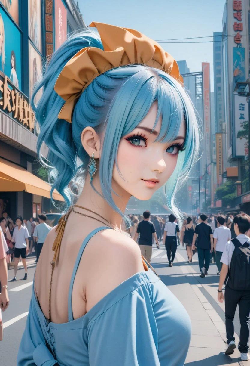 (best quality,4k,8k,highres,masterpiece:1.2),ultra-detailed,on the billboard in the city's cinema, a large poster of the movie with the name "AISHA HANABI", blue hair with side pigtsils, in the background a crowd of people on the streets of a city, (art deco), 70's, japan,