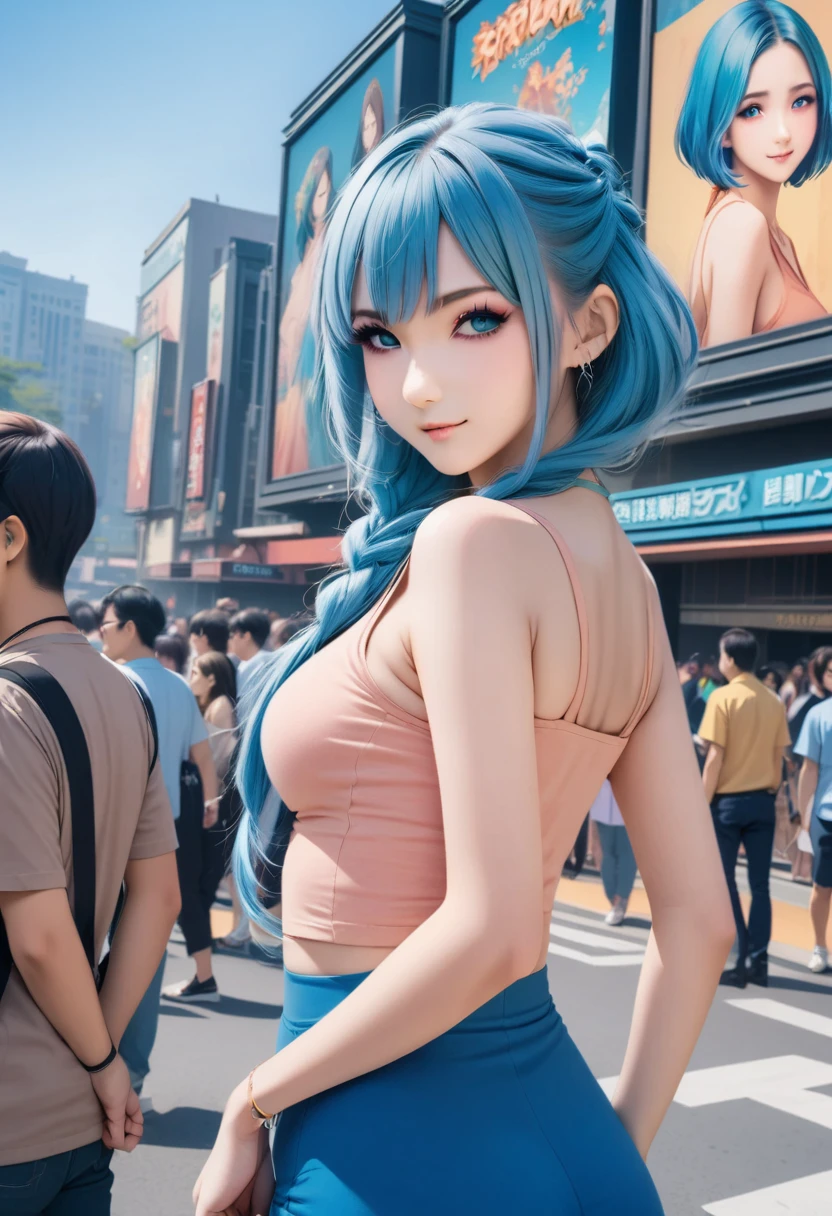 (best quality,4k,8k,highres,masterpiece:1.2),ultra-detailed,on the billboard in the city's cinema, a large poster of the movie with the name "AISHA HANABI", blue hair with side pigtsils, in the background a crowd of people on the streets of a city, (art deco), 70's, japan,