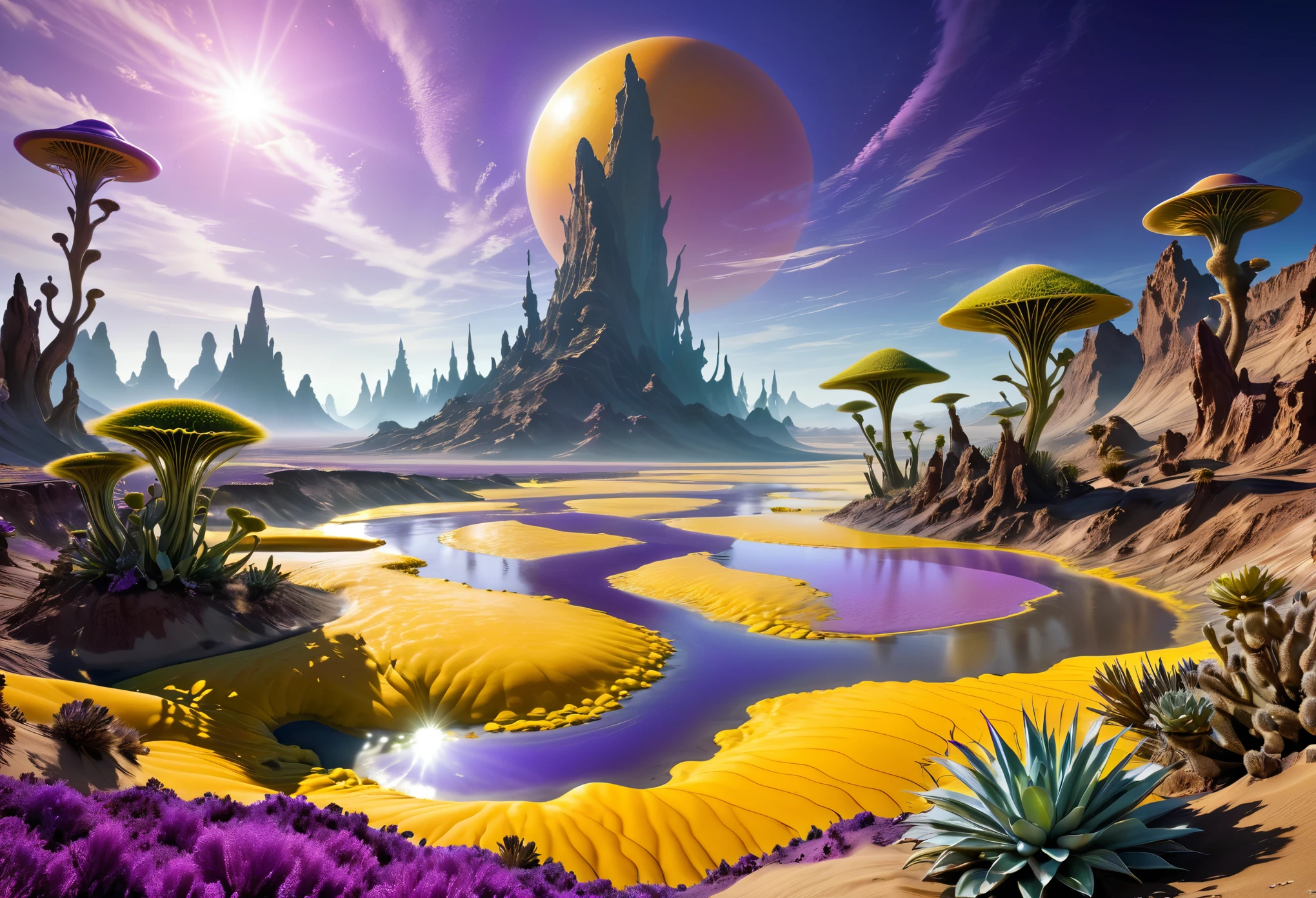 異国の風景: 1.5, (最高品質, 平和マスター: 1.3), (超詳細な, 超リアルな色彩: 1.5), 宇宙, エキゾチックでシュールな風景.... 3つの太陽, 紫色の空の色, 硫黄川の砂漠の風景, さまざまな色の飛翔植物, 完璧な構成, 最高の露出 (黄金比: 1.2), 高解像度, ドラマチックで映画的な照明, シュルレアリスムへの傾向, CG社会の動向, プロの写真撮影, 膨大な詳細, ((完璧: 1.3, 細部までこだわった: 1.5, 完璧, 高解像度: 1.4, 映画のような: 1.4), ((ジョブマスター)), (超詳細: 1.4), (写実的な: 1.4), すごい, 夜 : 1.4, 32K.