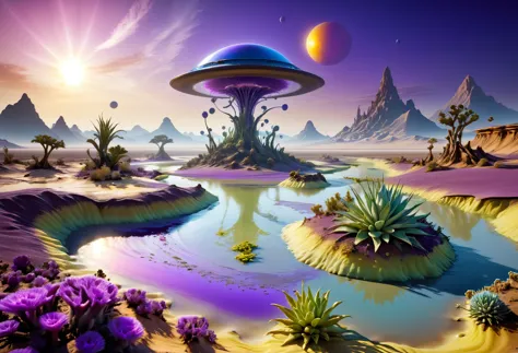 alien landscapes: 1.5, (Best quality, peace master: 1.3), (hyper-detailed, hyper-realistic color: 1.5), cosmic, exotic and surre...