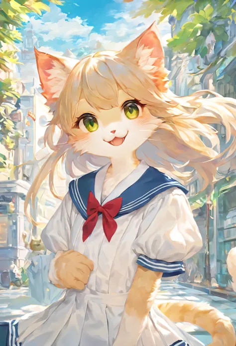 Cat:1 girl:17 years old:high school uniform:sailor suit,cute,masterpiece,rich colors,highest quality,official art,fantasy,colorful,Happy,smile,最高にcuteCat,fluffy,I&#39;m looking forward to,happiness,nice background,stylish cityscape,fun outing,fun waiting t...