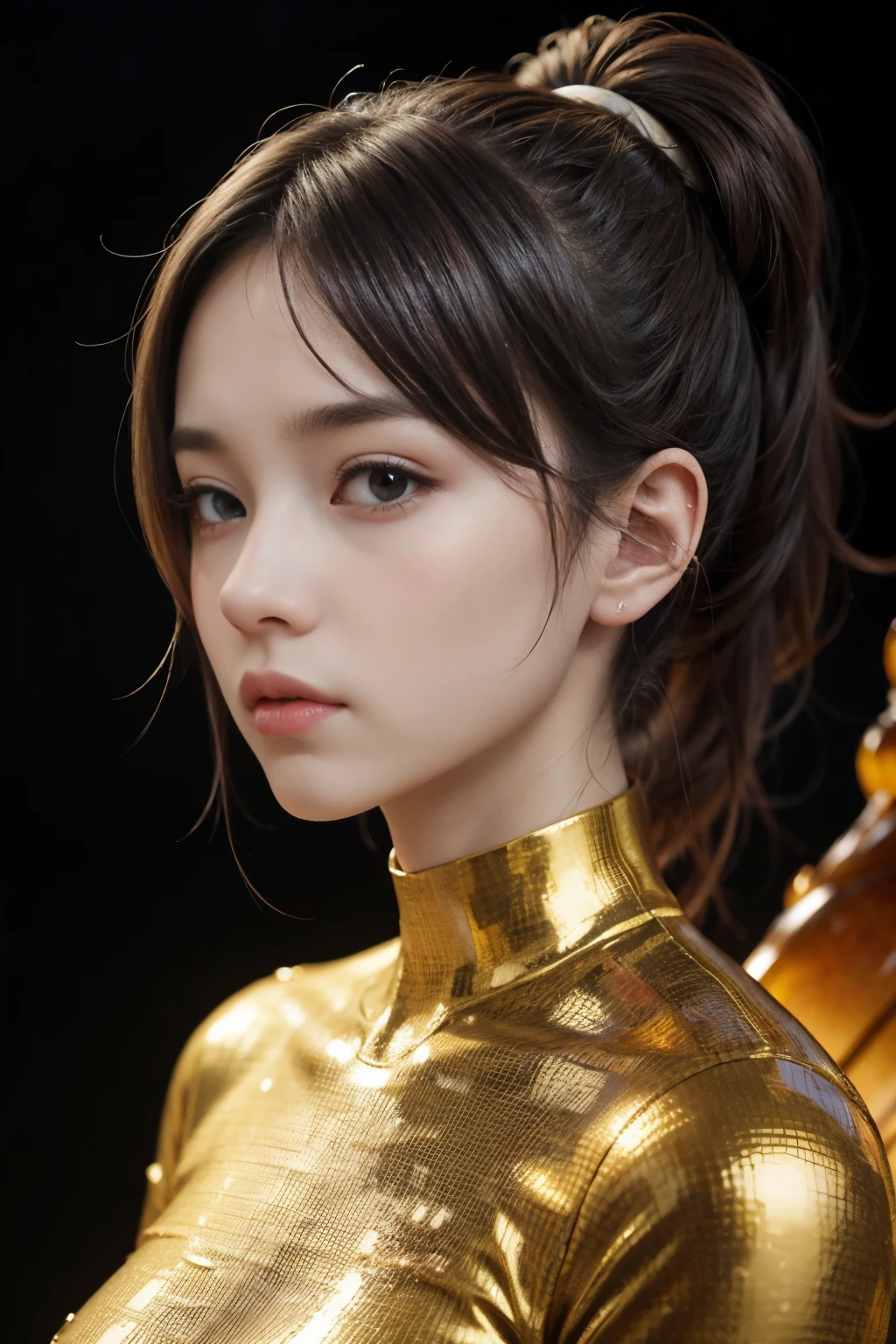 (high quality), (masterpiece), (detailed), 8K, Hyper-realistic portrayal of a futuristic (1girl1.2), Japanese character immersed in a liquid honey ambiance. Meticulous details showcase the seamless blend of tradition and innovation, creating a visually stunning composition. Trending on Artstation.