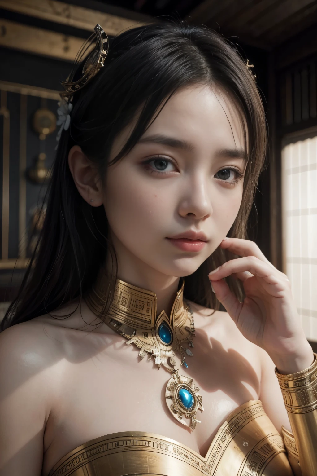 (high quality), (masterpiece), (detailed), 8K, Hyper-realistic portrayal of a futuristic (1girl1.2), Japanese character amidst ancient totemic elements in a silver-themed environment. Meticulous details capture the seamless blend of tradition and innovation in this visually stunning composition. Trending on Artstation.