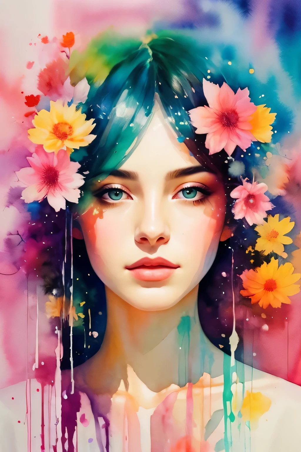 una pintura abstracta de acuarela de una mujer que se funde con una flor de agnes cecile, diseño luminoso, colores pastel, gotas de tinta, luces de verano, exposición doble, artístico, Estético, Único