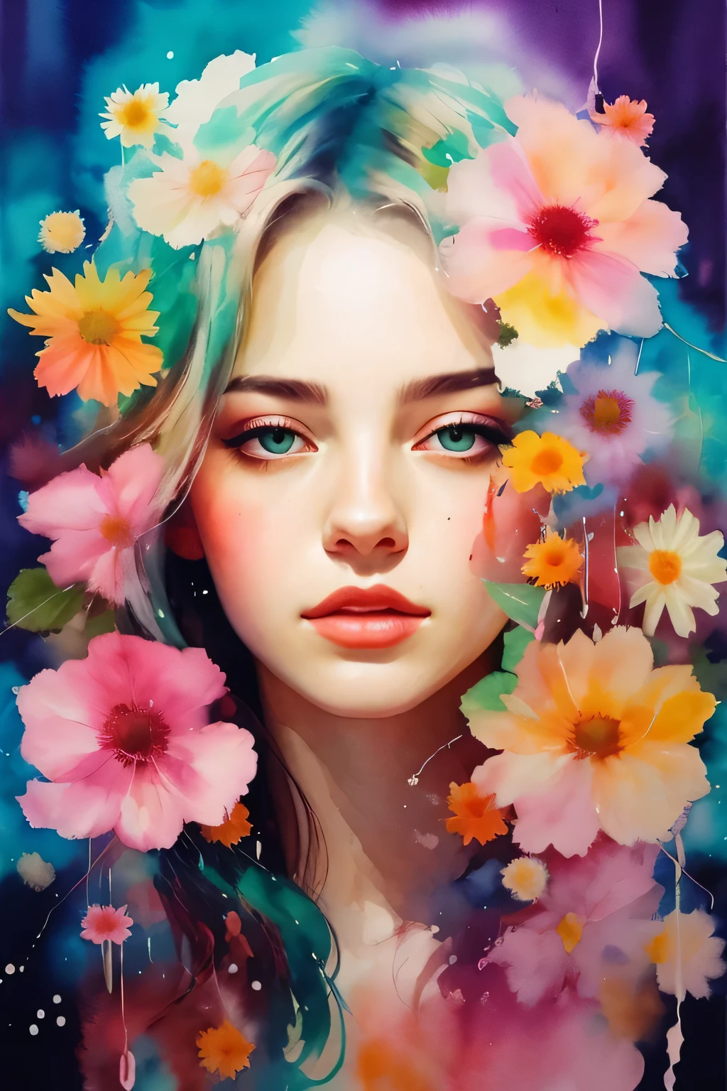 uma pintura abstrata em aquarela de uma mulher misturada com uma flor, de Agnes Cecile, design luminoso, cores pastel, gotas de tinta, luzes de verão, dupla exposição, artístico, estética, unique