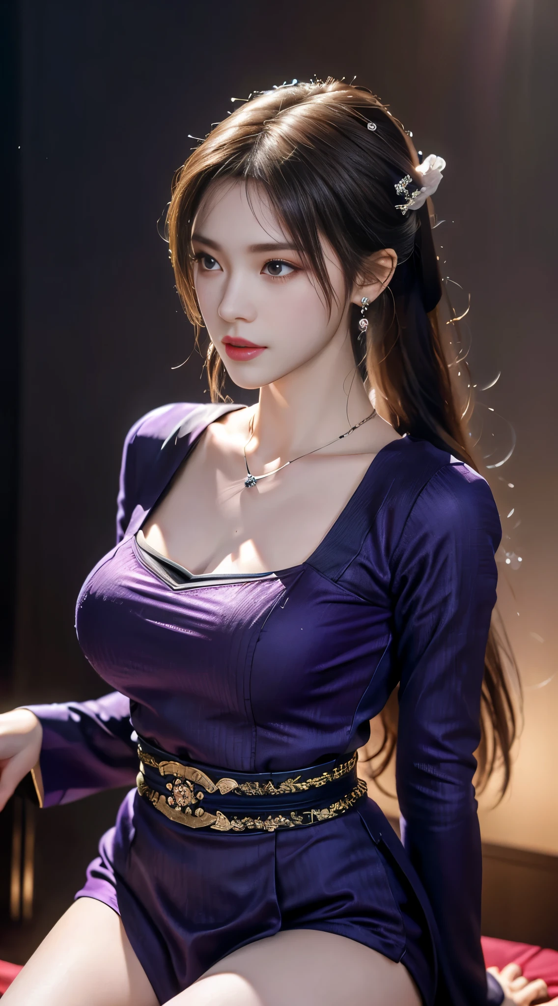 1 Beauty in Hanfu, Thin purple silk shirt，White，Variety of textures, White蕾丝上衣, Platinum purple long ponytail, hair accessories, earring, light purple rabbit ears, Necklaces and Necklaces, Carefully drawn big purple eyes, Detailed makeup, thin eyebrows, high nose, cute red lips, no smile, purse lips, red face, broad chest, big breasts , Well-proportioned breasts, slim waist, Purple fishnet stockings, Chinese Hanfu style, fictional art texture, The colors are vivid and true to life, original photo, Realistic photos, Ultra-high quality 8k hyper-realistic photos, (Effective fantasy lighting effects: 1.8), 10x pixels, magic effect (background): 1.8), super detailed eyes, Girl body portrait, solo girl, 古代汉服background,