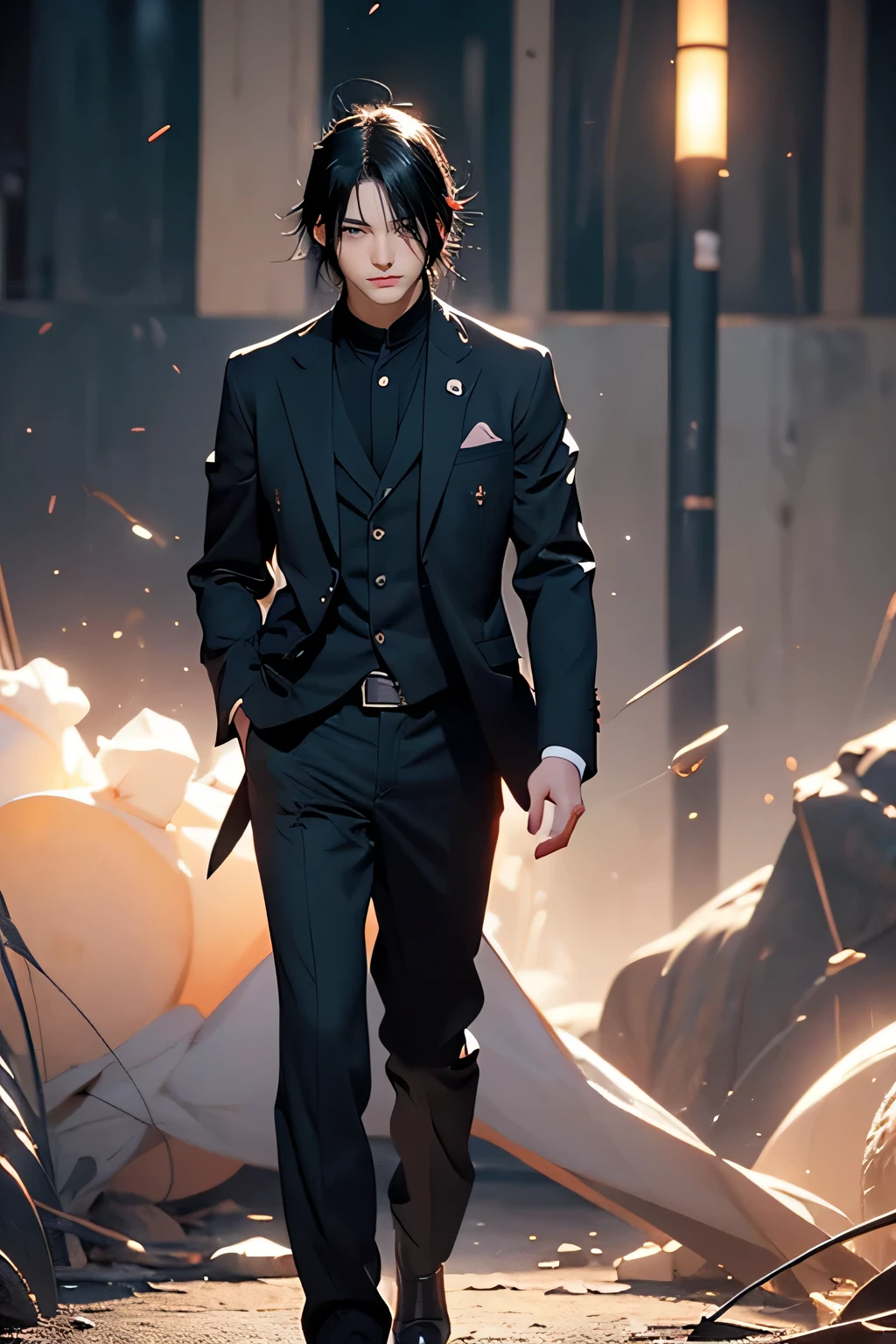 man with black hair, black eyes, wearing a black suit, mobster, penetrating gaze, subtle smile, in an attack pose, with gun in hand, shooting to the side, shooter, Sasuke style, dark and mysterious atmosphere, dimly lit environment, with soft lighting, intense facial expression, confident posture, bold and sophisticated style, high resolution masterpiece: 1.2, ultra-detailed character representation, realistic rendering: 1.37, vivid colors, cinematic composition, sharp focus, professional quality, full body , walking
