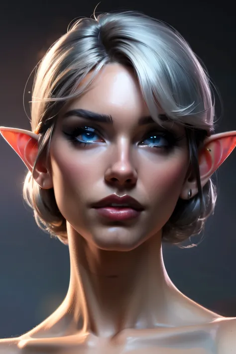 beautiful portait of nigth elf female in her 20s with fit body , perfect face feature , (blunt bob short hair), (silver hair col...