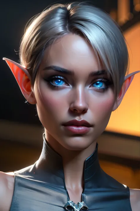 beautiful portait of nigth elf female in her 20s with fit body , perfect face feature , (blunt bob short hair), (silver hair col...
