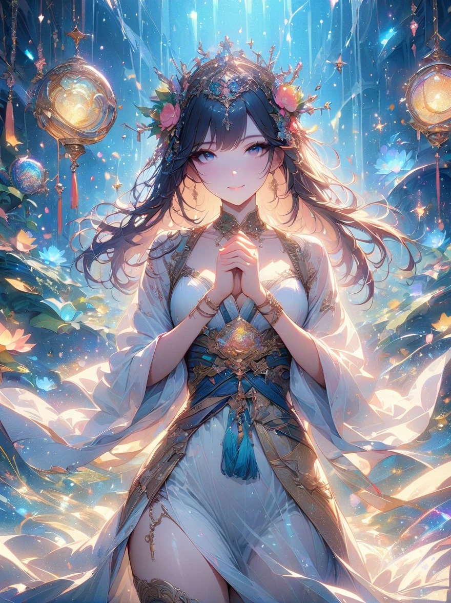 top quality，masterpiece：1.2，detailed details，Flashing Hanfu Girl，beautiful young goddess，smile softly，She clasped her hands together，Pray and meditate，She is wearing a white dress，Stars twinkling in the blue night sky，you sit on a lotus，In a fantastic atmosphere，Feel as if you are one with the universe，Realistic，Neon lights，(Liquid light background)，(cowboy shot:1.9)，(UHD, masterpiece, ccurate, anatomically correct, textured skin, super detail, high details, award winning, best quality, 8k)