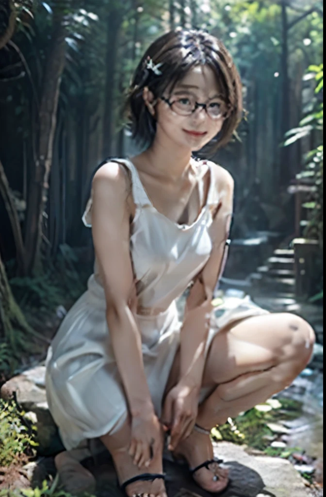 A Female robot is sleeping in forest, spread legs, nude, banzai pose. she does not wear any dress. She has black short hair. She lifts up the under hem of her white plain dress, leaning over, masterpiece, mature, android, blue eyes, full body figure, Height: 160cm, flushed cheeks, 2020s anime picture, A beautiful female robot , No NSFW, whole body, barefoot, archaic smile, getting orgasm, 2, sweat bucket. She wears silver metal flamed glasses.