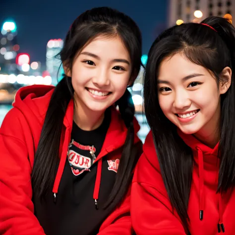 two smiling girls、The night view is the background、One girl has black hair in a ponytail and a red hoodie with an R written on i...