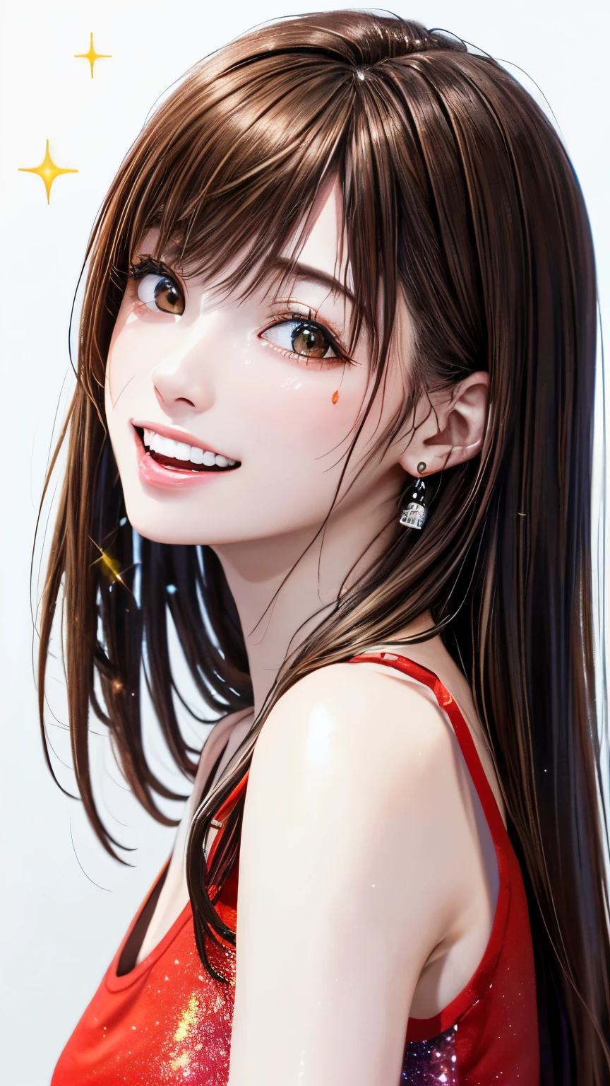 (highest quality、8K、32k、masterpiece)、(realistic)、(Photoreal:1.2)、(High resolution)、Super detailed、very beautiful face and eyes、1 girl、round and small face、thin waist、delicate body、(close、highest quality、high detail、Rich skin details)、(highest quality、8K、oil paint:1.2)、Super detailed、(realistic、realistic:1.37)、bright colors、(((brown hair)))、(((bust shot)))、(((long hair)))、(((pure white wall background)))、(((pure white wall background)))、(((I&#39;m a diva)))、(((singing passionately)))、(((I&#39;m smiling)))、(((wearing a tank top with glitter)))、(((look straight ahead)))、(((brown hair)))、(((sweating)))、(((I have a microphone)))、(((teeth visible)))、(((Glitter is shining on the red tank top)))