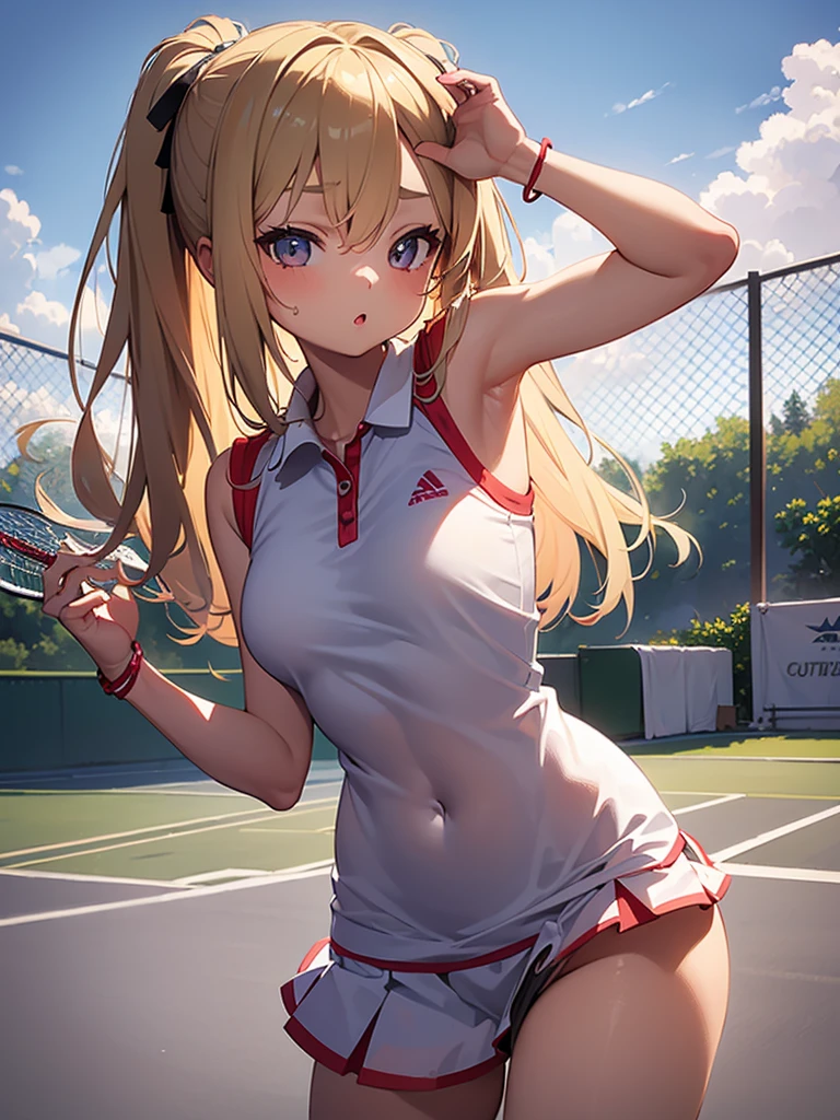 master piece,detailed,(((best quality))), (((loli))),((cute)), ,(((1girl))),blond hair,outdoor,((tennis wear)),curvy,