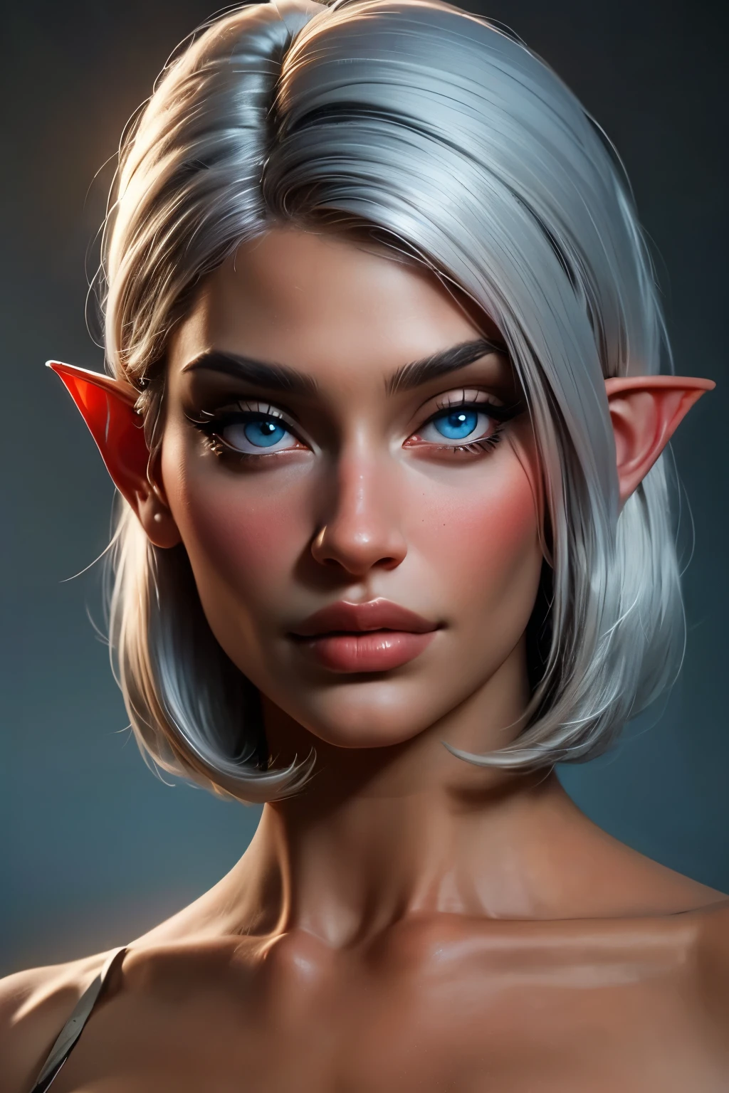 beautiful portait of nigth elf female in her 20s with fit body , perfect face feature , (blunt bob hair :1.2), (silver hair color :1.3), (blue eyes color :1.1), thick kissable lips , thin nose ,pointy ears,