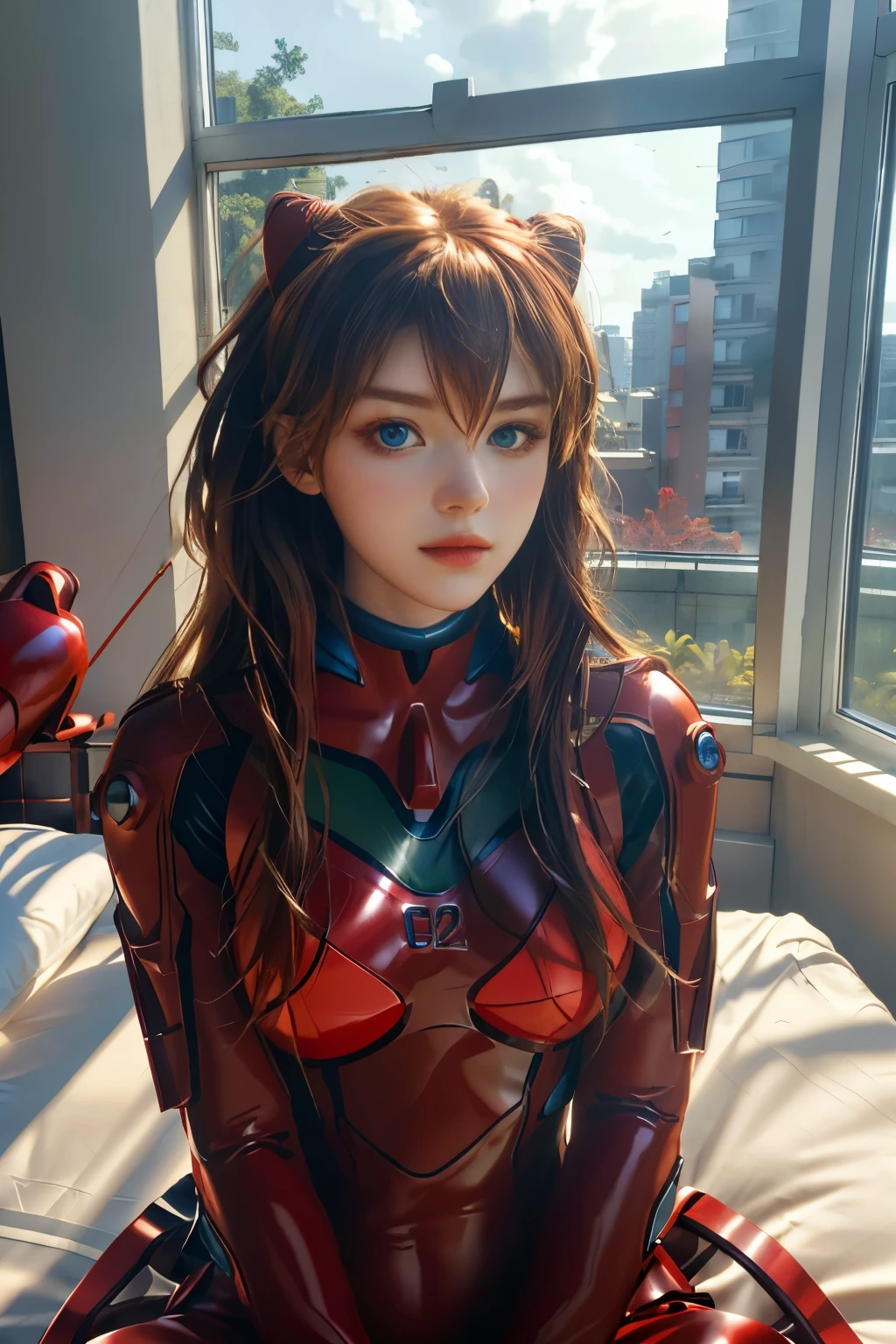 4K, 8K, (Masterpiece, best quality:1.2), blue eyes, perfect face, cosplay, professional photo, photo, photorealism, modelshoot style, portrait of shirogane, red plugsuit, feminine, bedroom, bed, sheets, window, plants, upper body, face shot