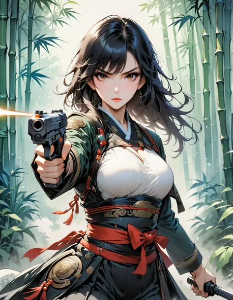 (masterpiece, best quality:1.2), 1 girl，sexy，two-dimensional， metal jewelry,armor， Serious expression, attack action, eyes cold, Clothing black and white ink style, martial arts style, sash, keen vision，black theme，Dual-wielding pistol，aim at you，emit lase...