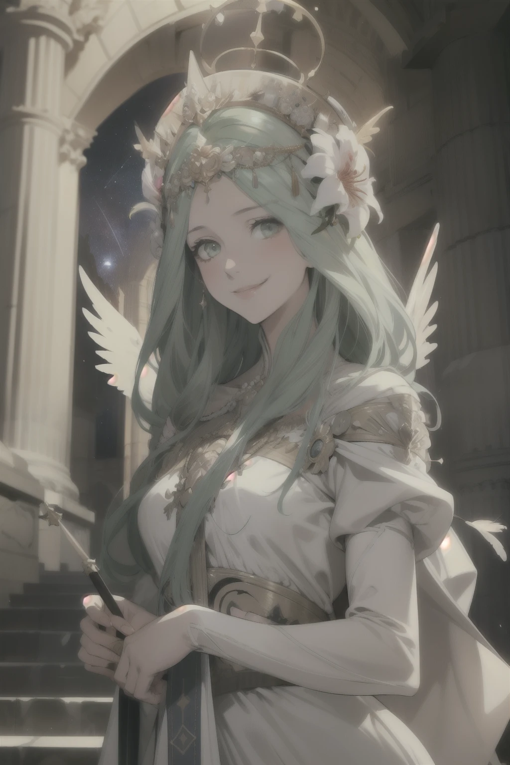 masterpiece, best quality, defRhea, headdress, hair flower, tiara, long white dress, upper body, smile, marble arch, bannisters, white stone architecture, starry sky, angel wings, holy, halo, feathers