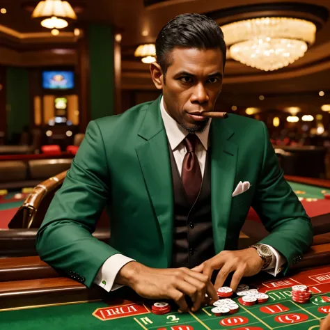 A monkey wearing a green suit smoking a cigar playing casino with some expensive drinks on top of the casino game table