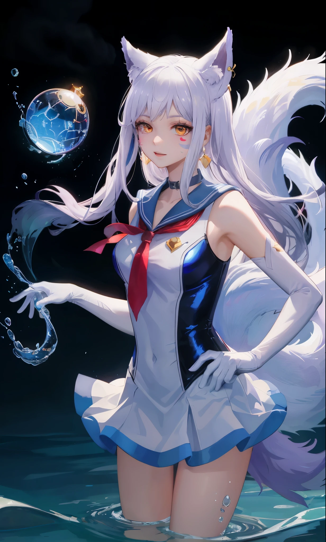 masterpiece, best quality, high resolution, More 1, crown, Sailor Senji, Blue sailor collar, bow, knee high boots, collar, White gloves, blue collar, elbow gloves, jewelry, earrings, blue skirt, Cowboy shooting, sphere, crystal ball, 1girl water yushu water,Ahri, Ahri \(League of Legends\), k/and \(League of Legends\), bloom \(League of Legends\)，Animal ears, facial markings, fox ears, fox Tail, orange eyes, multiple Tails, Tail