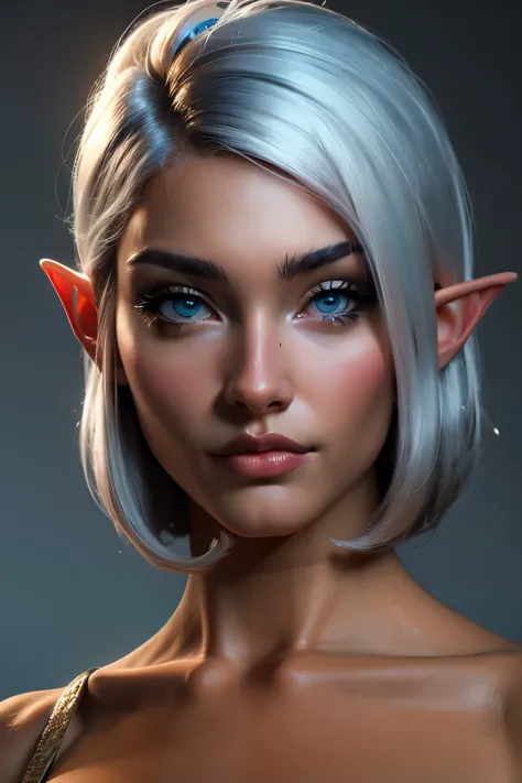 beautiful portait of nigth elf female in her 20s with fit body , perfect face feature , (blunt bob hair :1.2), (silver hair colo...