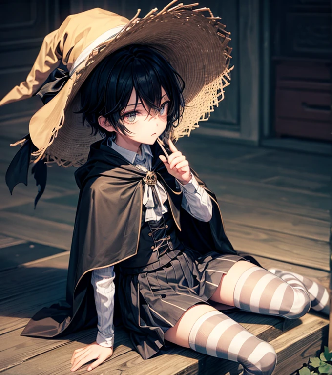 1boy, sitting, skirt, striped stockings, witch, emo, cloak, hat