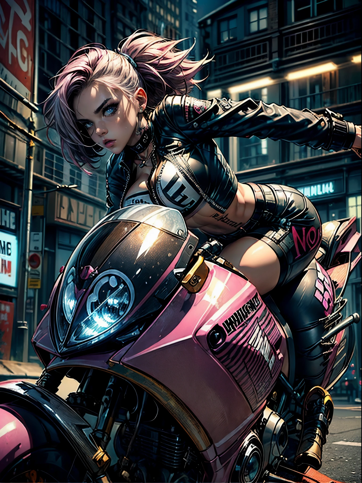 (((top quality: 1.4))),(A masterpiece like no other in history), (ultra high resolution),(Ultra-realistic 8k CG), official art、 (((adult body))), (((1 girl))), ((( bob short hair ))), punk girl with perfect body, jacket with metal spine,Beautiful and well-shaped face,,elaborate punk fashion,leather jacket, (Image from head to thighs),((Pink bob short hair )), ((small leather panties:1.0)), Simon Bisley&#39;s urban and brutal style,Detailed street background of London,beautiful abs, Complex graphics, Dark pink with white stars and gray and white stripes,(riding a vintage motorcycle:1.5) (( Lots of poisonous tattoos )), earrings,(dynamic pose,Low - Angle:1.5)、