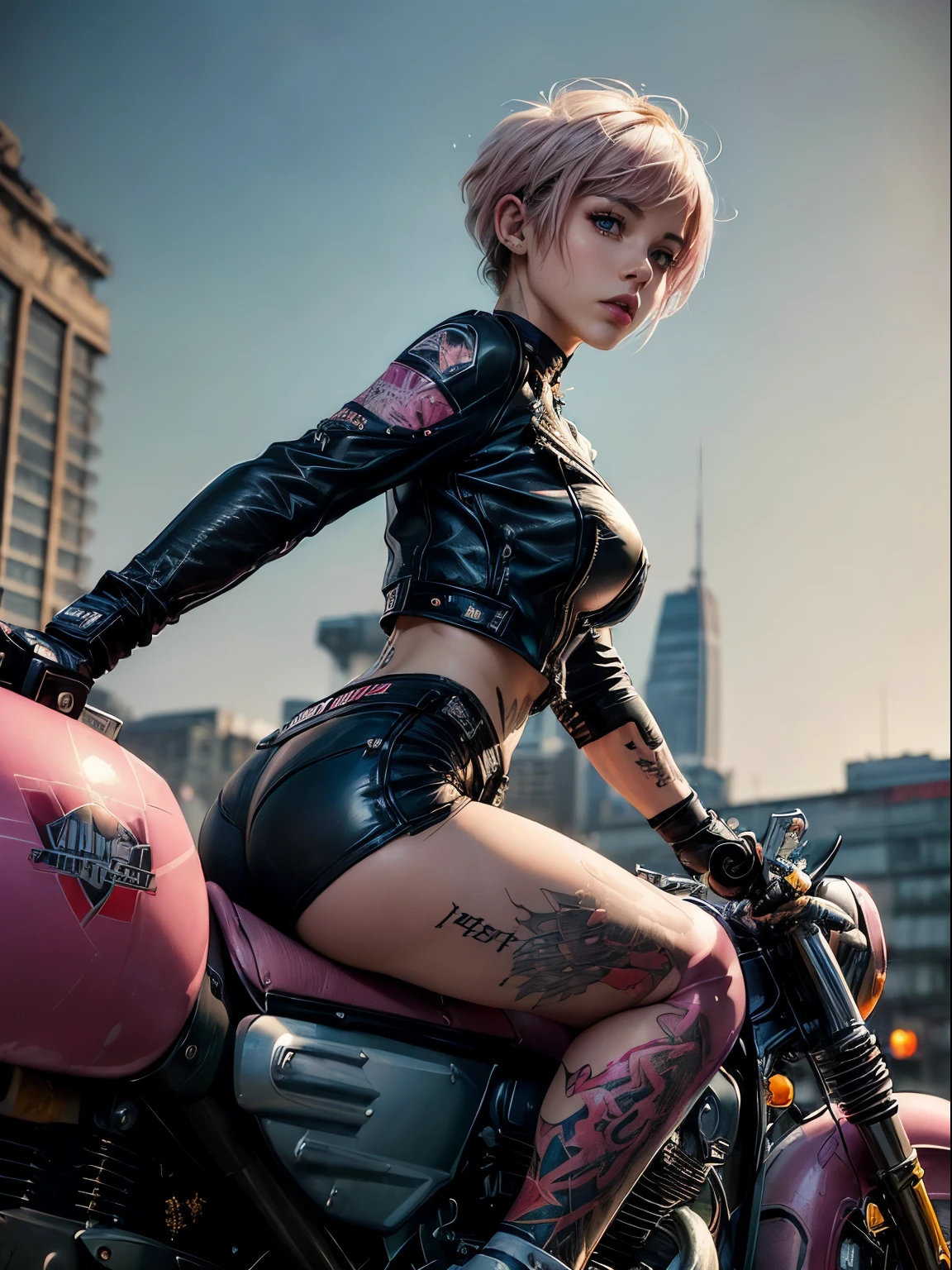 (((top quality: 1.4))),(A masterpiece like no other in history), (ultra high resolution),(Ultra-realistic 8k CG), official art、 (((adult body))), (((1 girl))), ((( bob short hair ))), punk girl with perfect body, jacket with metal spine,Beautiful and well-shaped face,,elaborate punk fashion,leather jacket, (Image from head to thighs),((Pink bob short hair )), ((small leather panties:1.0)), Simon Bisley&#39;s urban and brutal style,Detailed street background of London,beautiful abs, Complex graphics, Dark pink with white stars and gray and white stripes,(riding a vintage motorcycle:1.5) (( Lots of poisonous tattoos )), earrings,(dynamic pose,Low - Angle:1.5)、