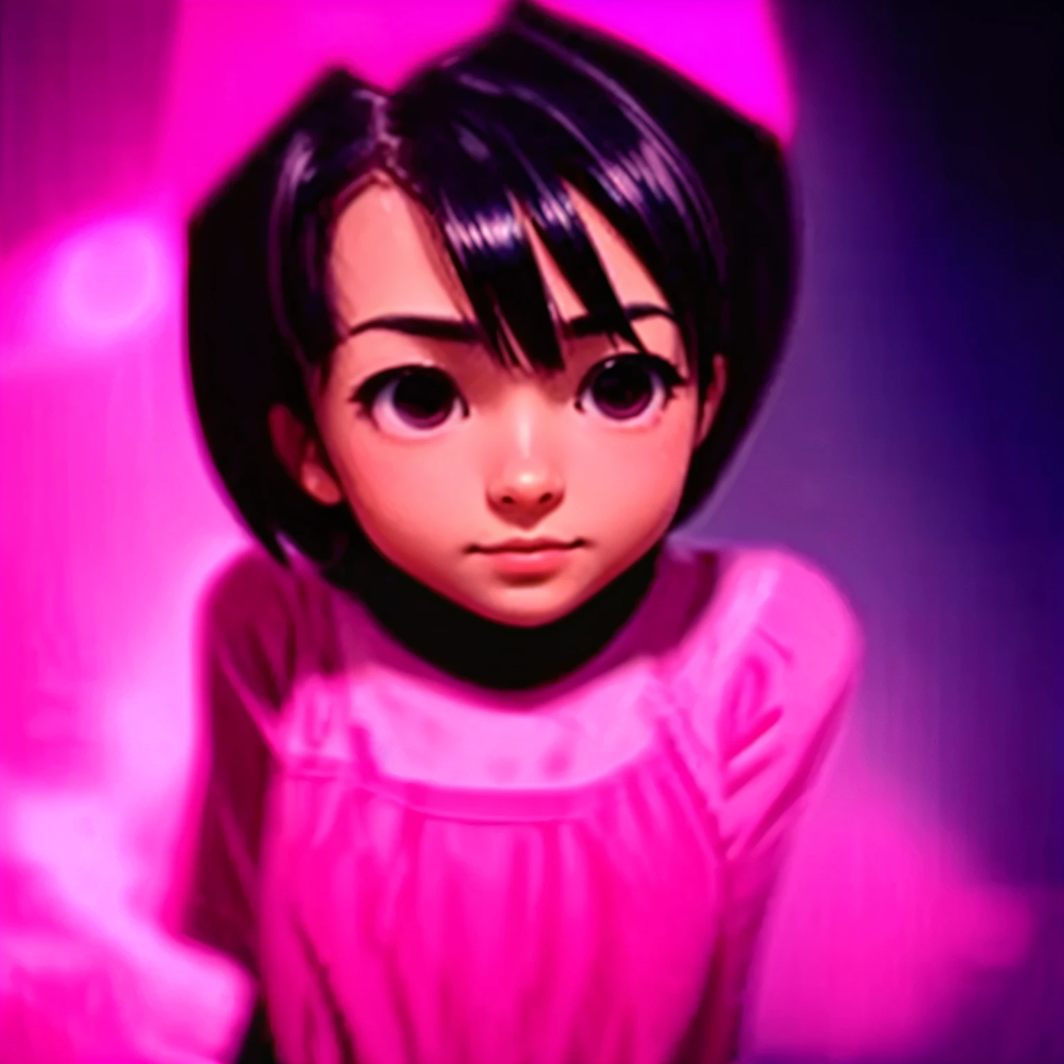 Anime girl with black hair and pink dress looking at camera - SeaArt AI