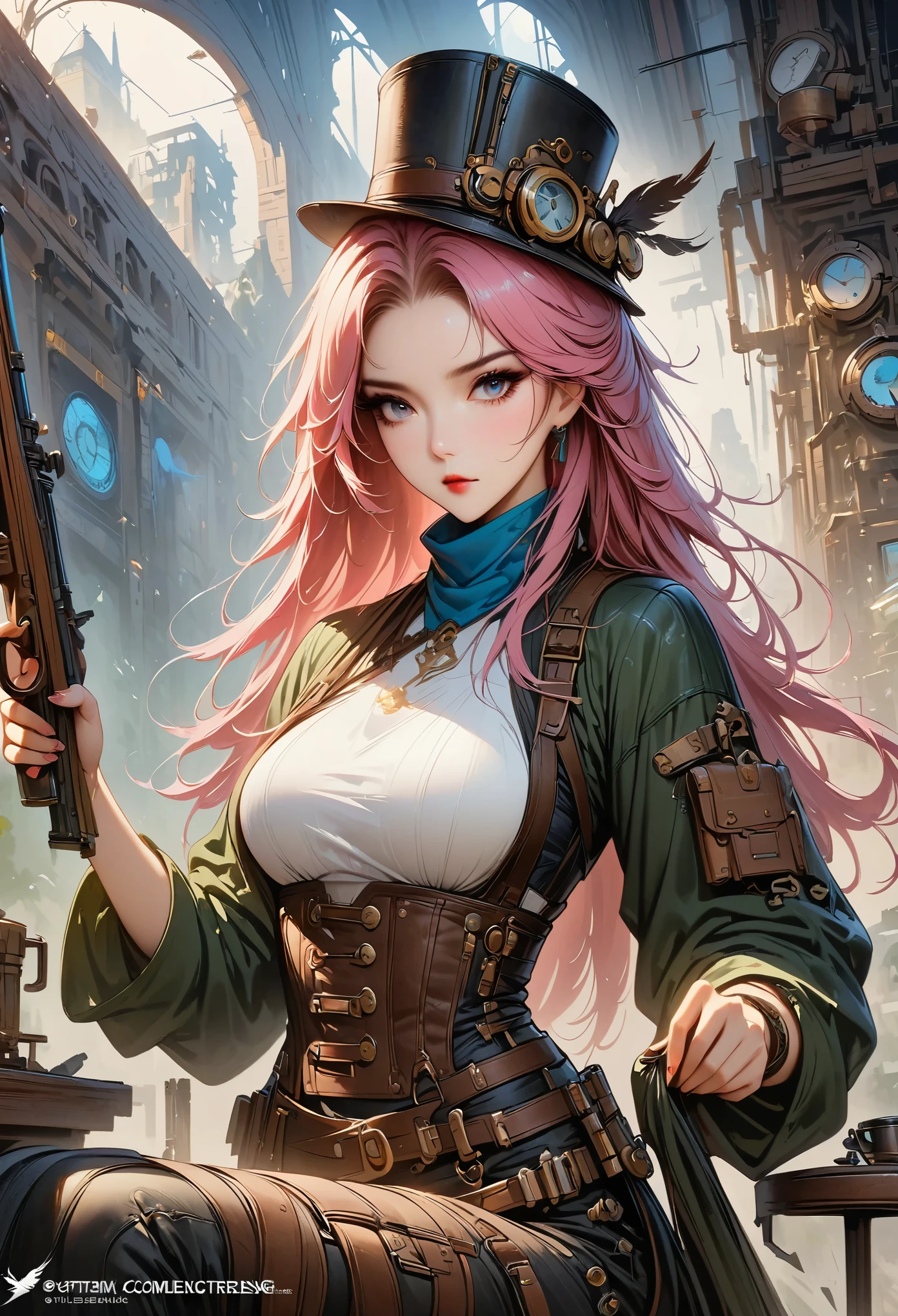 ((masterpiece, highest quality)), Detailed face, pretty face, beautiful eyes， systemic degeneration, full of details, working in workshop, uses rifle, rifle referente a Steampunk, Very detailed, depth, many parts，Beautiful girl with pink hair，disheveled hair，long pink hair，sick，white pupils，The legs are very thin，legs are very long, blue label, Steampunk, 时尚Steampunk, Full, waiter&#39;s coat, turtleneck shirt, Top hat with mechanical gears, brass accents, Leather accessories ,high and high，Delgado, 8K, Surrealism, official art, charm, glimmer, In the shadows, oil painting on canvas, brush strokes, urbane, ultra high definition, 8K, Unreal Engine 5, Super clear focus,, type germ, Roish, north african trade zone, complex的艺术masterpiece, sinister, Matte paint movie poster, golden ratio, CGSociety Trends, complex, epic, Trending on artstation, Very detailed, energetic, production cinematic character render, Super high quality model