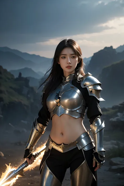 4K, fantasy art, asian girl，Metal knight armor，Large scale exposed navel，Photorealistic, dynamic lighting, art station, poster, ...