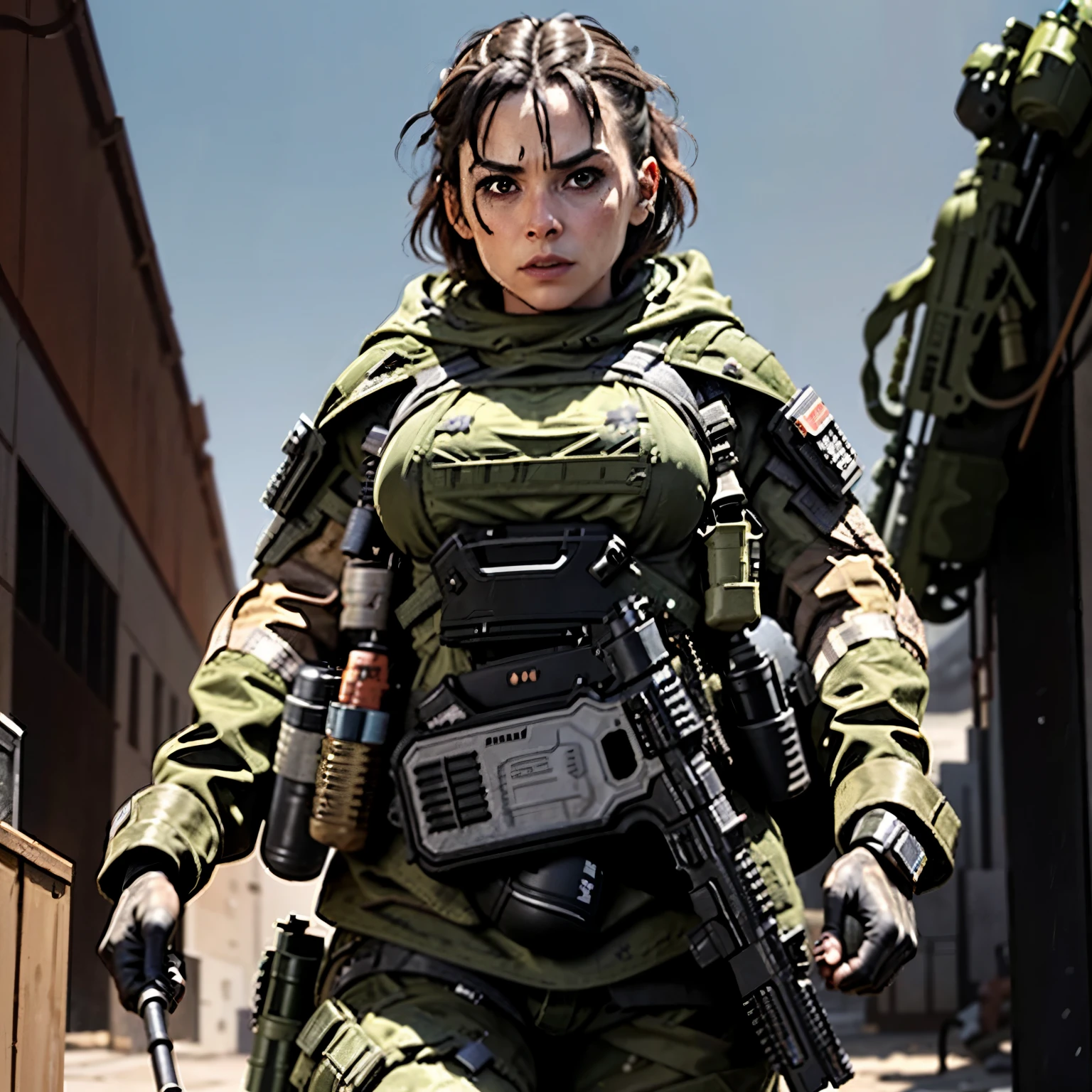 Arafed female soldier with a gun and a rifle walking down a street - SeaArt  AI