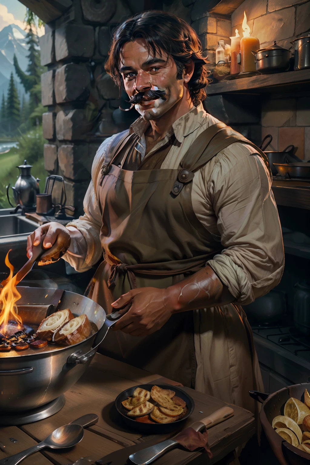 Chef medieval, preparando um banquete ao ar livre em meio às paisagens místicas do universo DnD da Wizards of the Coast, resolução ultra alta, melhor qualidade, rosto e mãos intrincadamente detalhados, fotorrealista: 1.4, fundo esfumaçado cheio de chamas encantadas, Sozinho: 1.5, vestindo um tradicional avental marrom e chapéu pontudo, inclinando-se sobre um grande caldeirão de ferro fundido, bigode longo caído, focando atentamente nos ingredientes, sorrindo contente, exibindo controle perfeito sobre os elementos, Cintura estreita, segurando uma colher de pau adornada com pedras preciosas, emanações mágicas vagamente visíveis da poção borbulhando sobre o