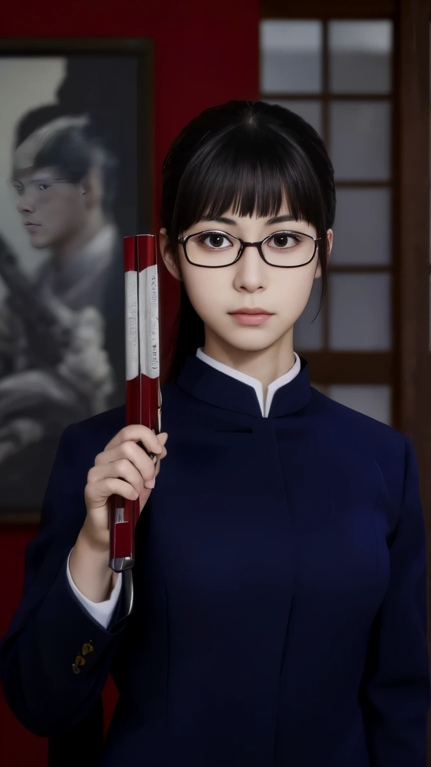 RAW shooting:1.2)、(realistic:1.4)、(masterpiece:1.3)、(highest quality:1.4)、beautiful japanese woman、7 head and body、Beautiful eyes in every detail,maki,jujutsu,kaisen,zenin,red rim glasses,uniform