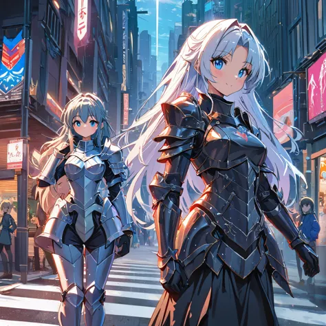 2girl,girl,girl,ultra detailed,街の横断歩道に立つ鎧を着たアニメキャラクター, 輝くプレートアーマー, 2 人の美しい女の子,,壮大なライトノベルのアートカバー,hkstyle, 運命のようなアニメスタイル, グウェイツ風のア...