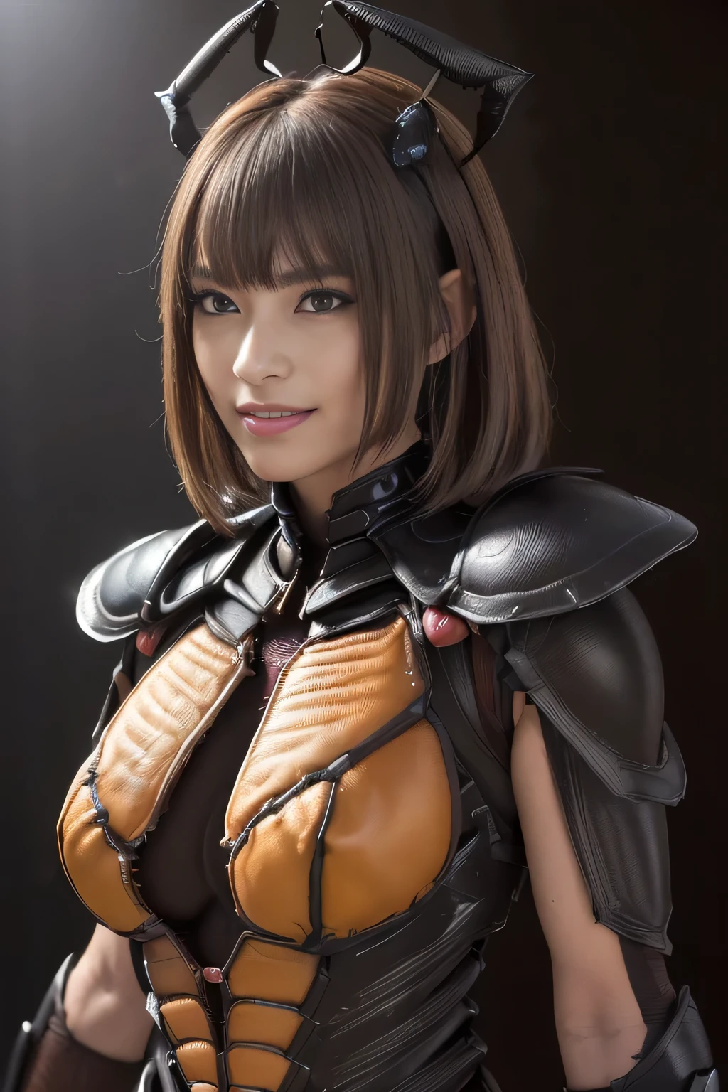 (high resolution,masterpiece,best quality,extremely detailed CG, anime, official art:1.4), realistic, photo, amazing fine details, all intricate, gloss and shiny,awesome many layers, 8k wall paper, 3d, sketch, kawaii, illustration,( solo:1.4), perfect female proportion,villainess, (fusion of dark brown cockroach and lady:1.4), (brown cockroach form lady:1.2), (brown cockroach lady:1.2), (fusion:1.2), (solo:1.4), (evil smile:1.2), muscular, abs, (cockroach brown exoskeleton bio insect suit:1.4), (cockroach brown exoskeleton bio insect armor:1.2), (brown transparency cockroach wing:1.4), (brown cockroach antennae:1.3),