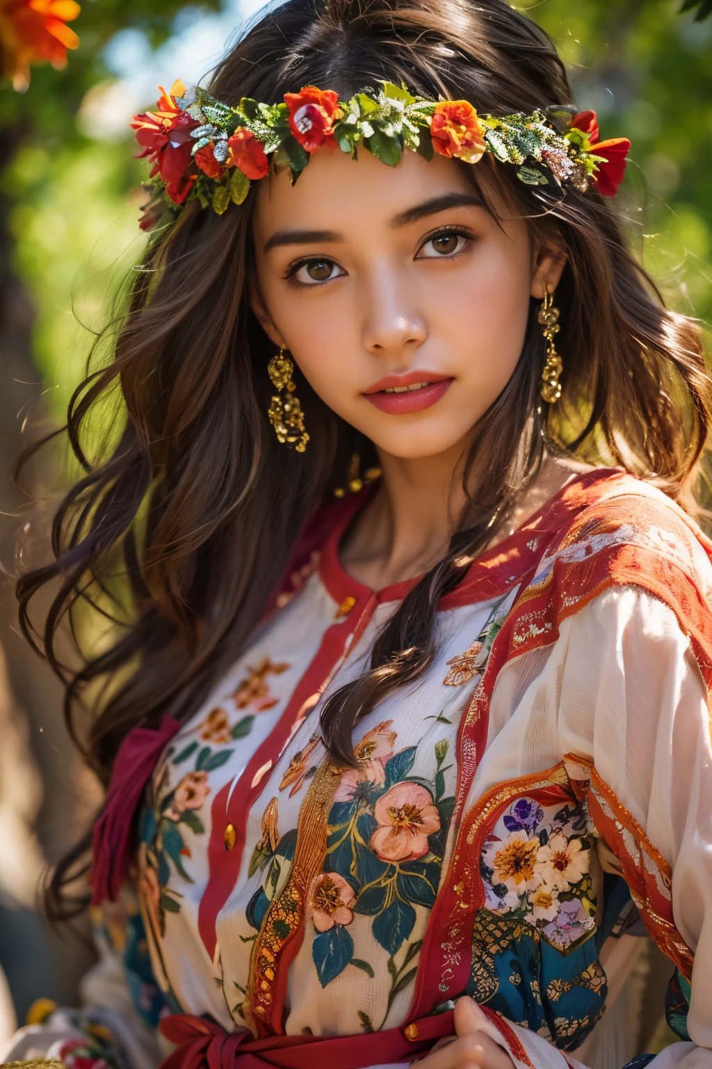 (best quality,realistic:1.2),beautiful Spanish girl,detailed eyes,luscious lips,flowing brunette hair,warm sunlight,captivating smile,vibrant colors,traditional Spanish dress,flower crown,garden background,floral elements,rich texture,portrait style,soft and natural lighting, (NSFW:1.3)