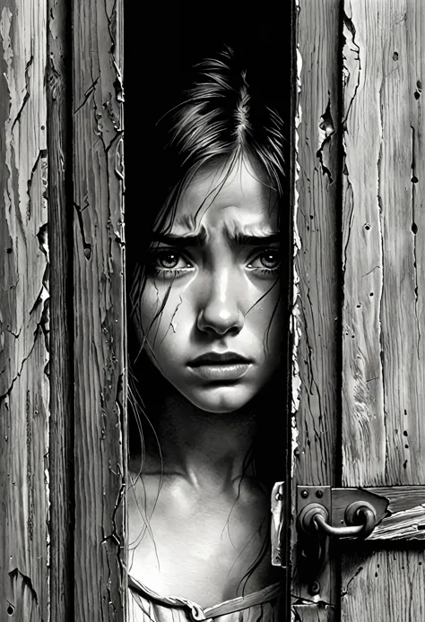 (Pencil_Sketch:1.2, messy lines, greyscale, traditional media, sketch),1 European girl，1 eyes，(A slanted broken wooden door with...
